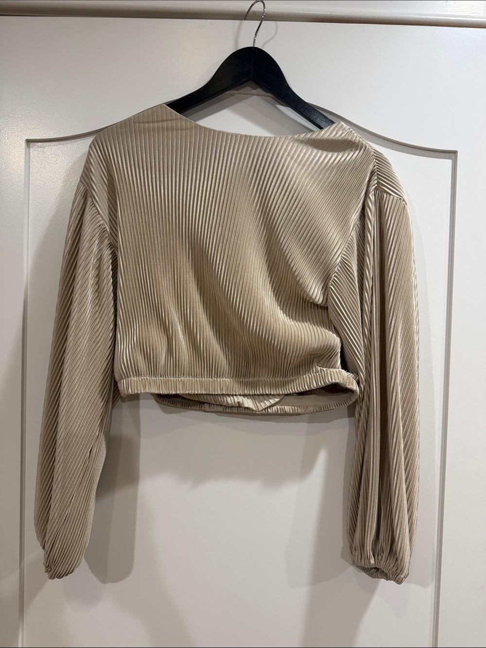 Astr Beige Pleated Cropped Long-Sleeve Top